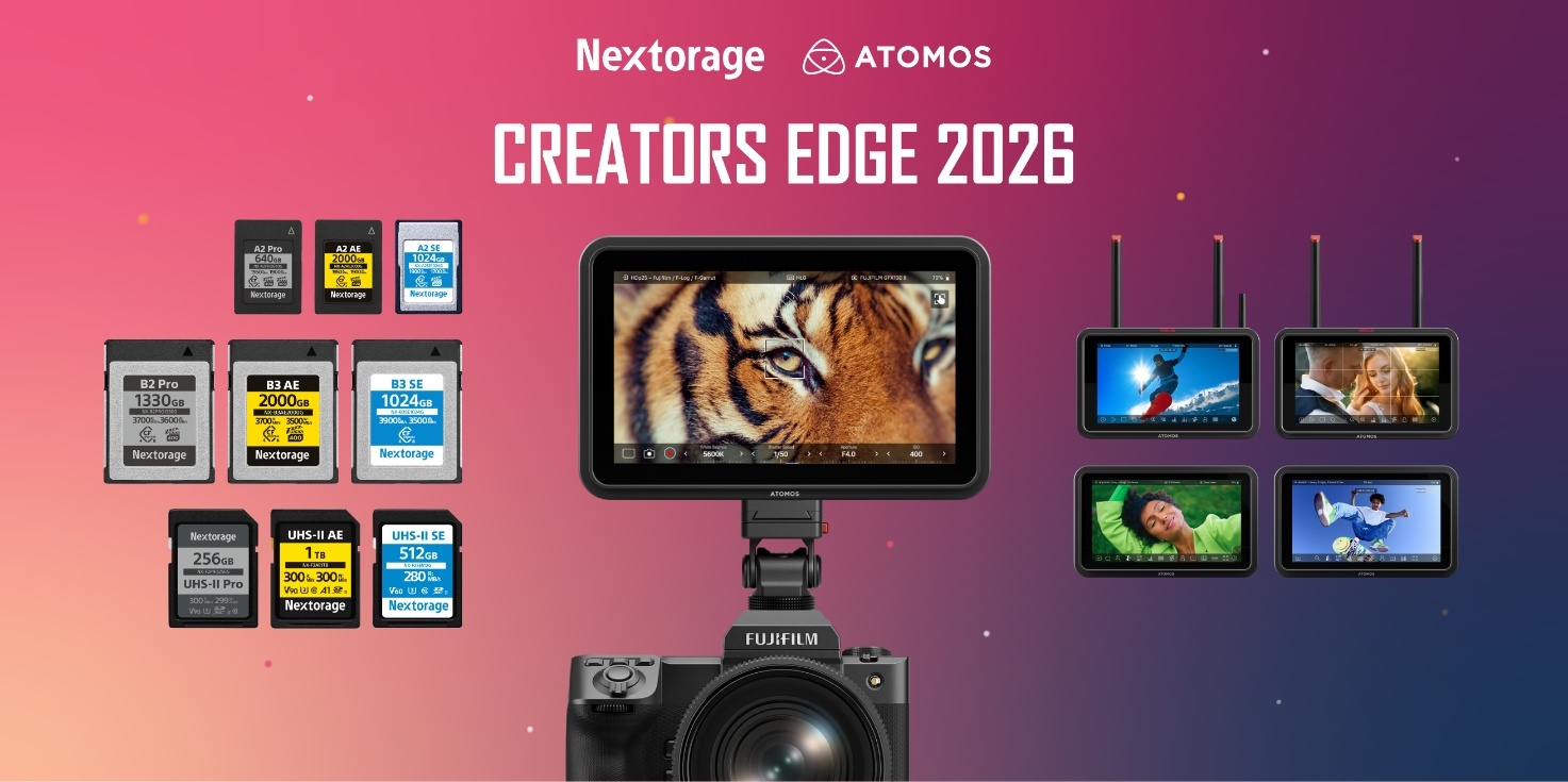 CREATORS EDGE 2026 Nextorage・ATOMOSブース展示製品(SHINOBI 7 II、メモリーカード等)